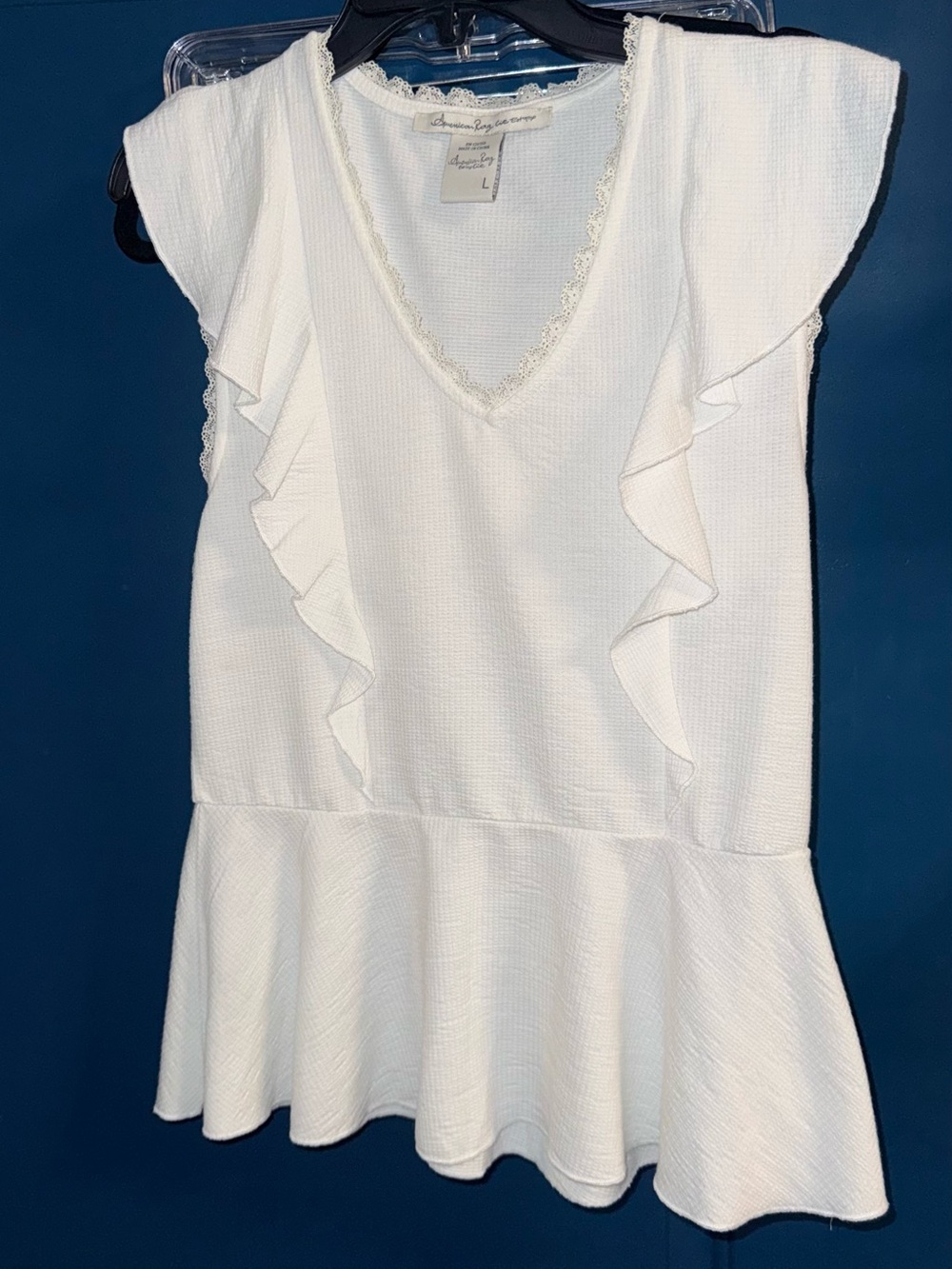 American Rag Women's White Ruffle V-Neck Peplum Top Size L